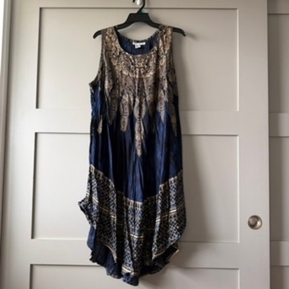 Ashley Taylor Dress Womens L Navy Gold Paisley Rayon Handkerchief Boho